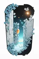sci fi open door into universe door made of large  puzzle pieces tattoo design idea