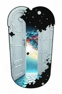 sci fi open door into universe door made of large  puzzle pieces tattoo design idea