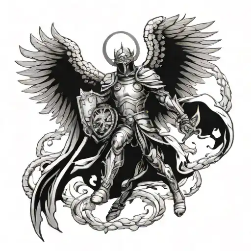 Tattoo on left arm from bicep to shoulder. Army of angels descending from heaven in armour to fight demons on earth.  tattoo design idea