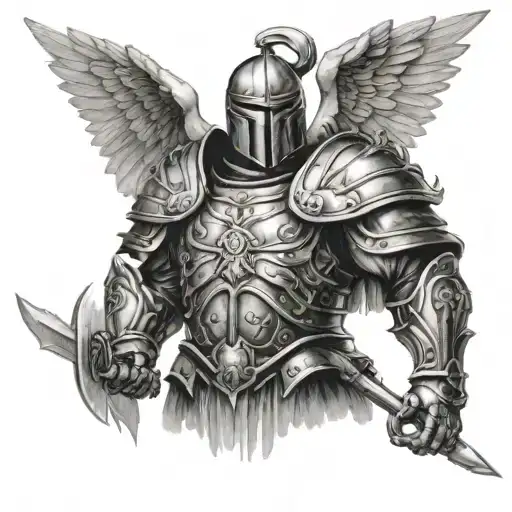Tattoo on left arm from bicep to shoulder. Army of angels descending from heaven in armour to fight demons on earth.  tattoo design idea