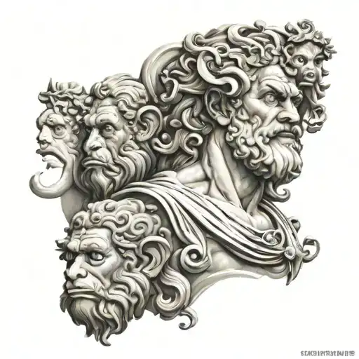 Zeus with 3 monkeys representing the personalities tattoo design idea