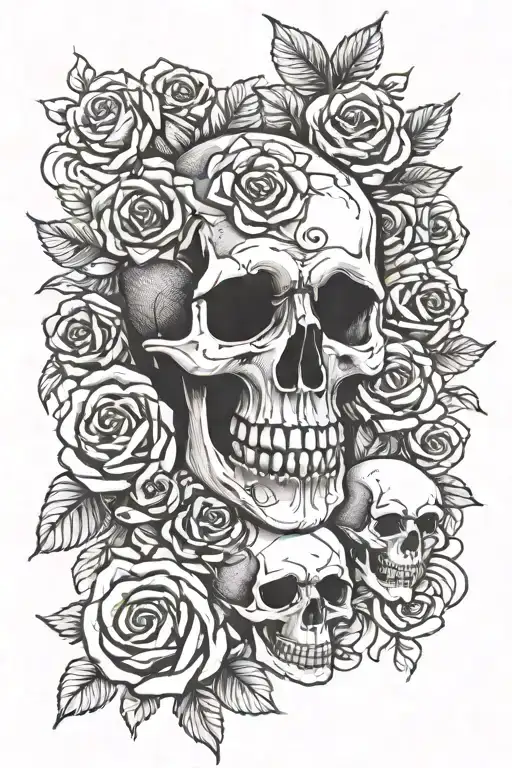 skull, roses and kids names incorporated tattoo design idea
