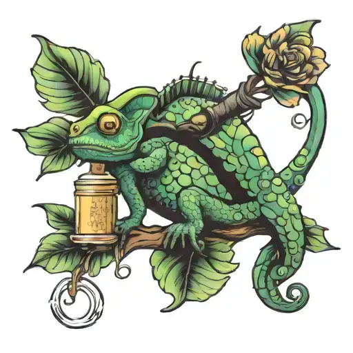 chameleon climping on parfume bottle tattoo design idea