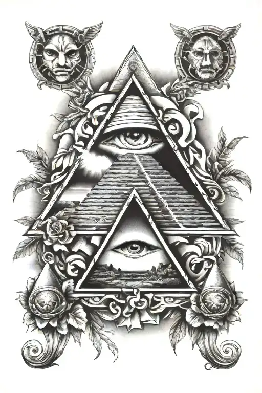 pyramids, all seeing eye, and moses with burning bush and ten commendments   tattoo design idea