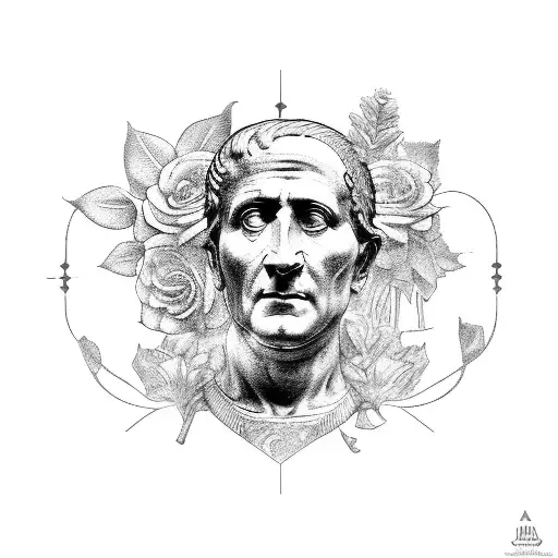 a statue of Julius caesar with flowers around. the Line veni vidi vici must be there tattoo design idea