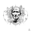 a statue of Julius caesar with flowers around. the Line veni vidi vici must be there tattoo design idea