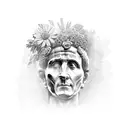 a statue of Julius caesar with flowers around. the Line veni vidi vici must be there tattoo design idea