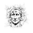 a statue of Julius caesar with flowers around. the Line veni vidi vici must be there tattoo design idea