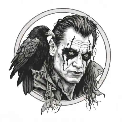 A portrait of Brendan Lee's character in The Crow movie, with a crow perched on his shoulder, framed by a round window tattoo design idea