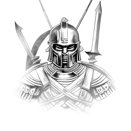 spartan warrior with arrows in body but not defeaten, strong and endurance tattoo design idea