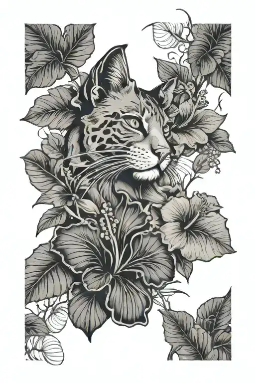 I want a tattoo of hibiscus flowers with jungle plants and the eyes of a feline hidden in the shadows  tattoo design idea