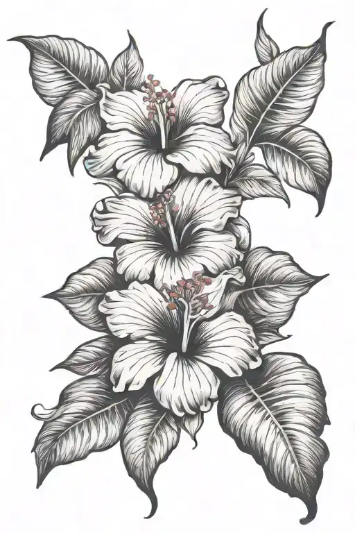 I want a tattoo of hibiscus flowers with jungle plants and the eyes of a feline hidden in the shadows  tattoo design idea