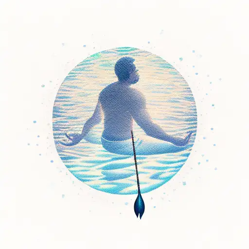 A serene meditating fisherman surrounded by water ripples tattoo design idea
