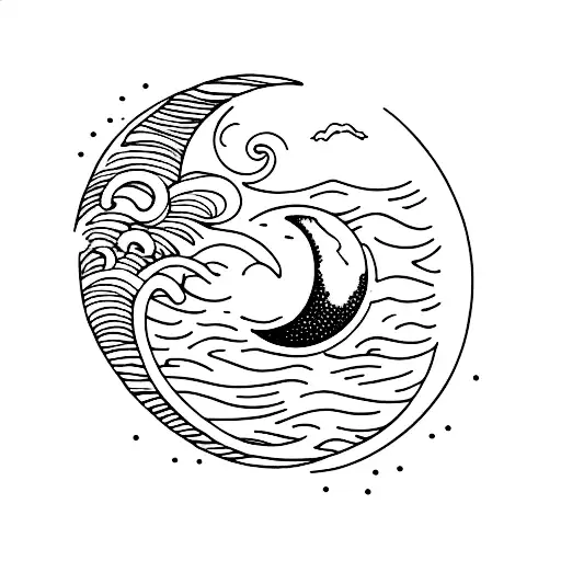 A crescent moon reflecting on a tranquil ocean tattoo design idea
