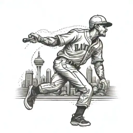Design a tattoo of a baseball player wearing traditional Lithuanian attire, set against a backdrop of the Toronto skyline tattoo design idea