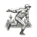 Design a tattoo of a baseball player wearing traditional Lithuanian attire, set against a backdrop of the Toronto skyline tattoo design idea