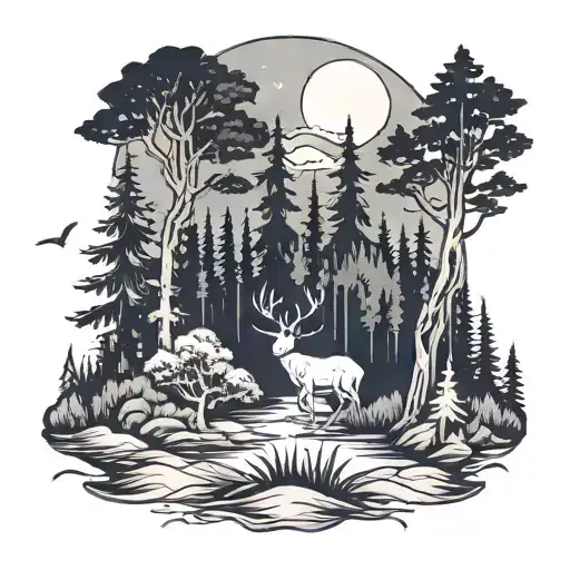 landscape, forest, nightsky, wildlife  tattoo design idea