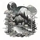 landscape, forest, nightsky, wildlife  tattoo design idea
