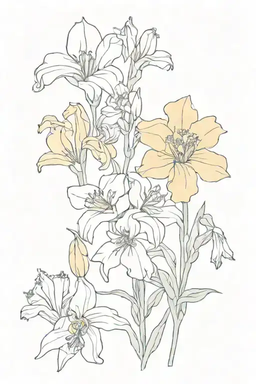   Iris (February), daffodil (March), Daisy (April), Rose (June), Larkspur (July), Aster (September), Chrysanthemum (Nove tattoo design idea
