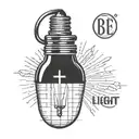 simple light bulb with cross as filament with the words be the light tattoo design idea
