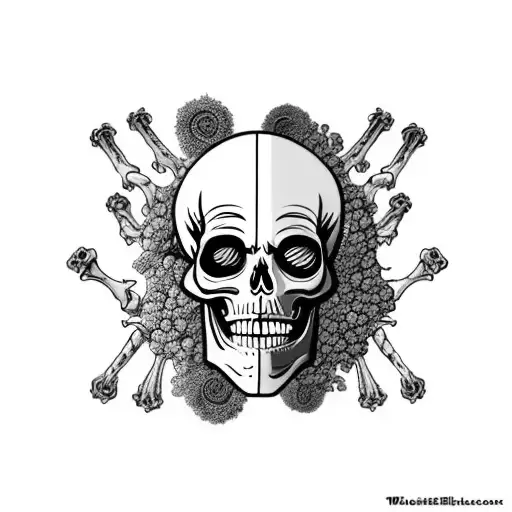 A skeleton with ribs ripped apart in style of Disco Elysium that resembles pain threshold entwined with wormwood flowers tattoo design idea