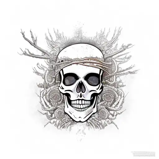 A skeleton with ribs ripped apart in style of Disco Elysium that resembles pain threshold entwined with wormwood flowers tattoo design idea