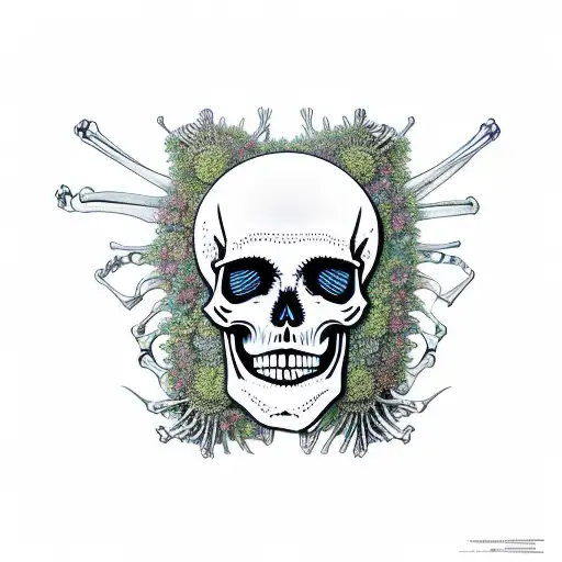 A skeleton with ribs ripped apart in style of Disco Elysium that resembles pain threshold entwined with wormwood flowers tattoo design idea