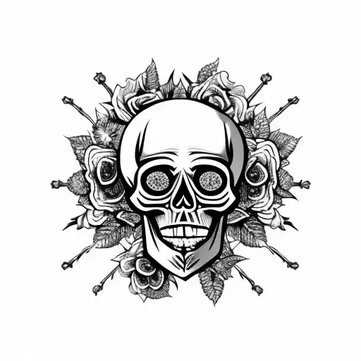 Skull with a crown made of roses and laurel with a background resembling 9 circles of hell tattoo design idea