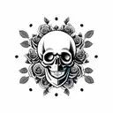 Skull with a crown made of roses and laurel with a background resembling 9 circles of hell tattoo design idea