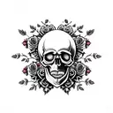 Skull with a crown made of roses and laurel with a background resembling 9 circles of hell tattoo design idea