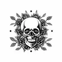 Skull with a crown made of roses and laurel with a background resembling 9 circles of hell tattoo design idea