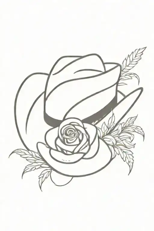 cowboy hat with bouquet of wheat, pussy willows, rose, lily, snowdrop and sweet pea tattoo design idea