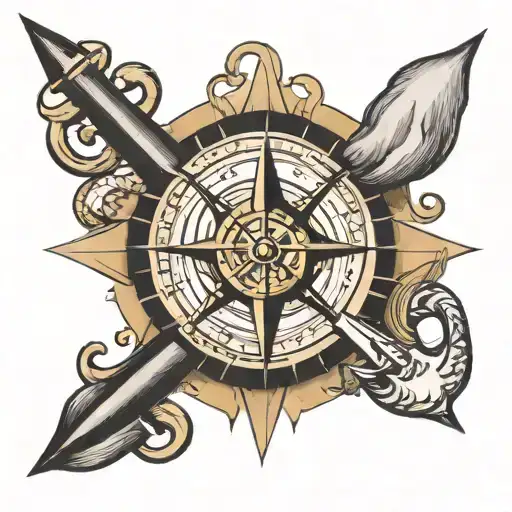 a compass rose with an anchor on the top, a paint brush below, a saddle on the left and a ship on the right tattoo desig tattoo design idea