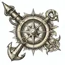a compass rose with an anchor on the top, a paint brush below, a saddle on the left and a ship on the right tattoo desig tattoo design idea
