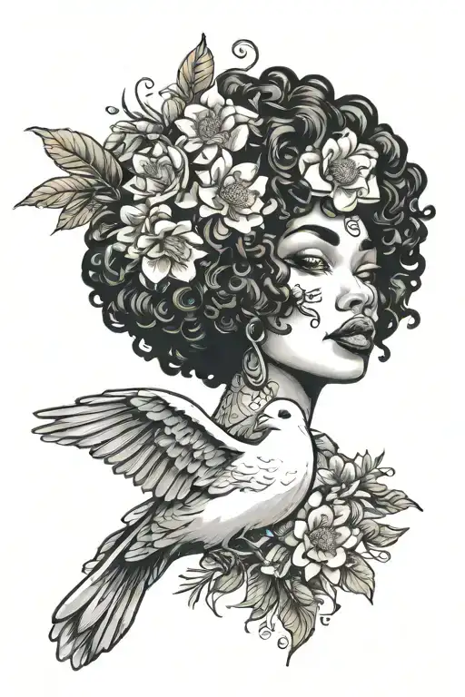 dove with dhalia cherry blossoms and afro latina face tattoo design idea
