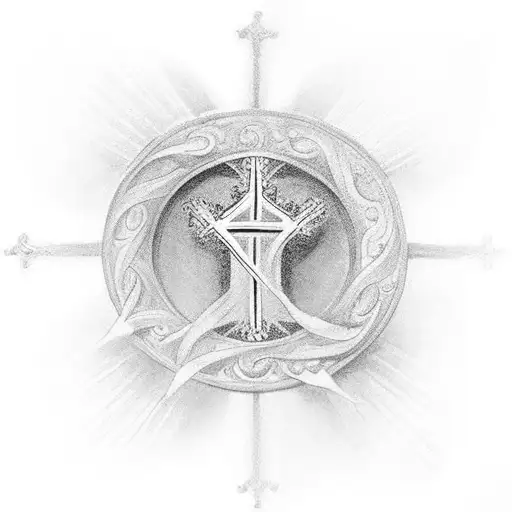 A golden cross with a white angel wing on each side. On the middle part of the cross is an old scroll that goes down one tattoo design idea
