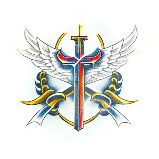 A golden cross with a white angel wing on each side. On the middle part of the cross is an old scroll that goes down one tattoo design idea