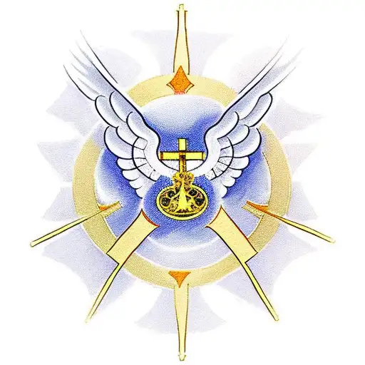 A golden cross with a white angel wing on each side. On the middle part of the cross is an old scroll that goes down one tattoo design idea