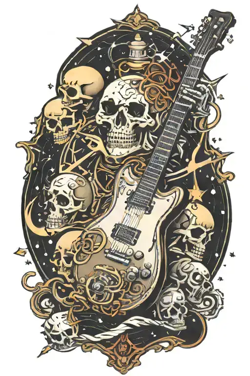 electric guitar surrounded by skull and bones in space  tattoo design idea