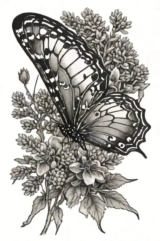 a butterfly in profile on a lavender branch in black and white tattoo design idea