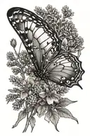 a butterfly in profile on a lavender branch in black and white tattoo design idea