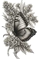 a butterfly in profile on a lavender branch in black and white tattoo design idea