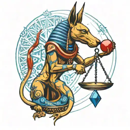 Anubis weighing a golden heart bleeding red white and blue on the scales of ma'at tattoo design idea