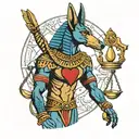 Anubis weighing a golden heart bleeding red white and blue on the scales of ma'at tattoo design idea
