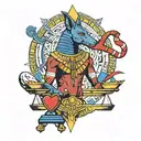 Anubis weighing a golden heart bleeding red white and blue on the scales of ma'at tattoo design idea