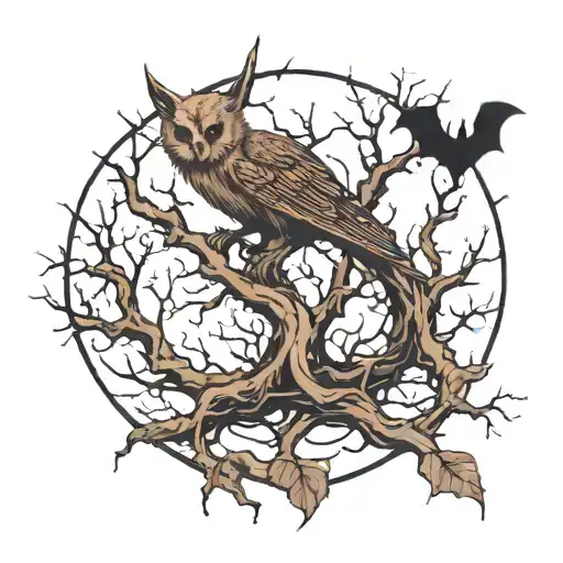 A leafless tree that starts from the floor and there is many branches that intersect constantly with a bat in a moon tattoo design idea