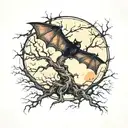 A leafless tree that starts from the floor and there is many branches that intersect constantly with a bat in a moon tattoo design idea