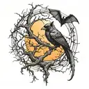 A leafless tree that starts from the floor and there is many branches that intersect constantly with a bat in a moon tattoo design idea