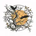 A leafless tree that starts from the floor and there is many branches that intersect constantly with a bat in a moon tattoo design idea