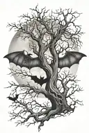 A leafless tree that starts from the floor and there is many branches that intersect constantly with a bat in a moon tattoo design idea